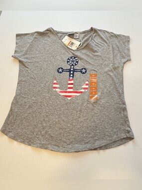 Caribbean Joe  Grey Short Sleeve Tee Anchor Graphic size M 100% Cotton Women new